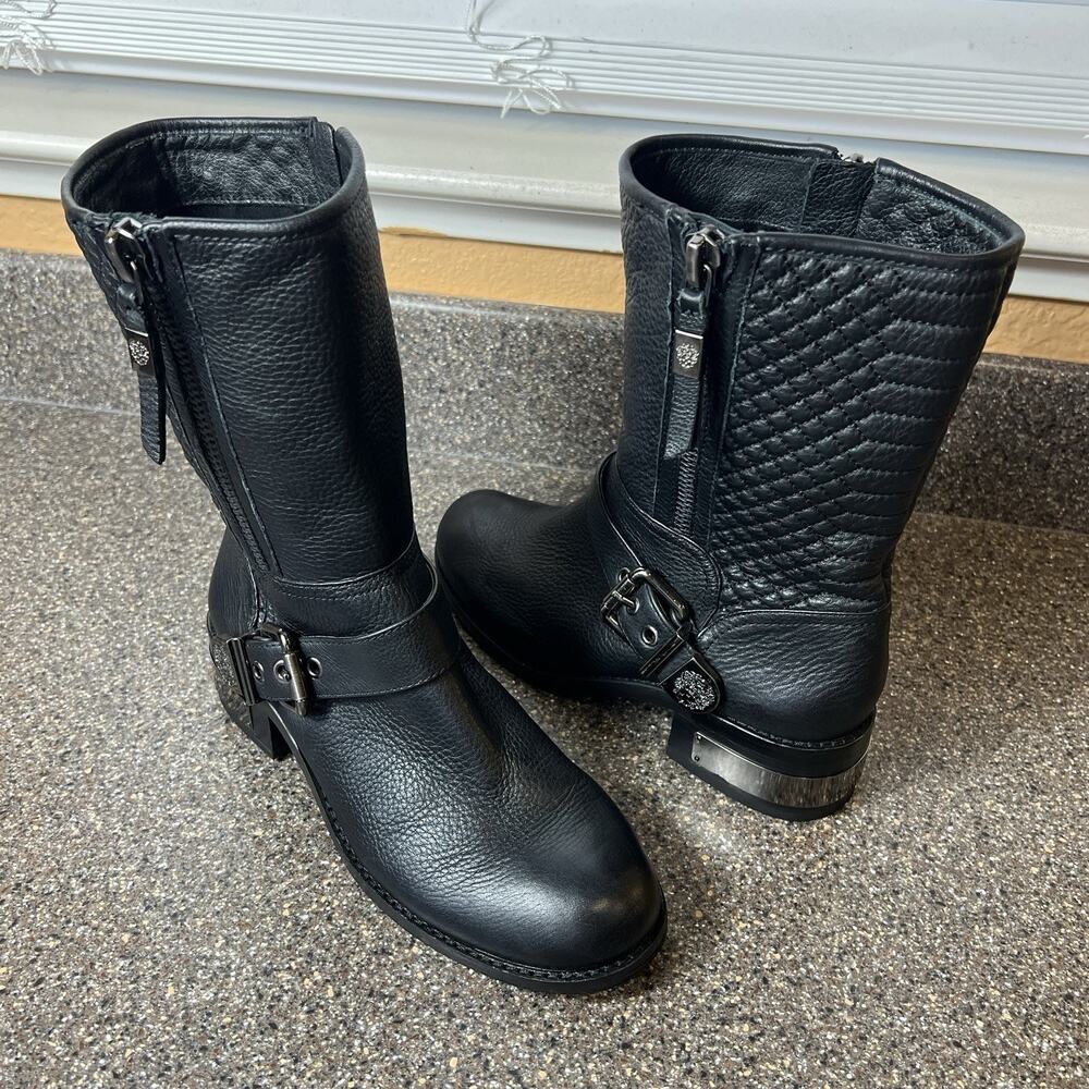 Vince Camuto Women Sz 7.5M Black Leather Mid Riding Boots Comfort Casual Studded